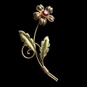 Vintage Van Dell Gold Vermeil Sterling Silver Floral Brooch Red Rhinestone Pin